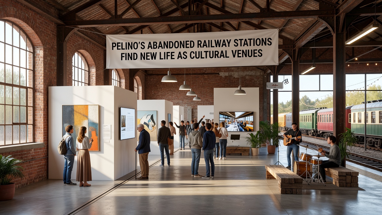 Interior of a converted station hall featuring art installations, seating areas, and preserved historical railway elements