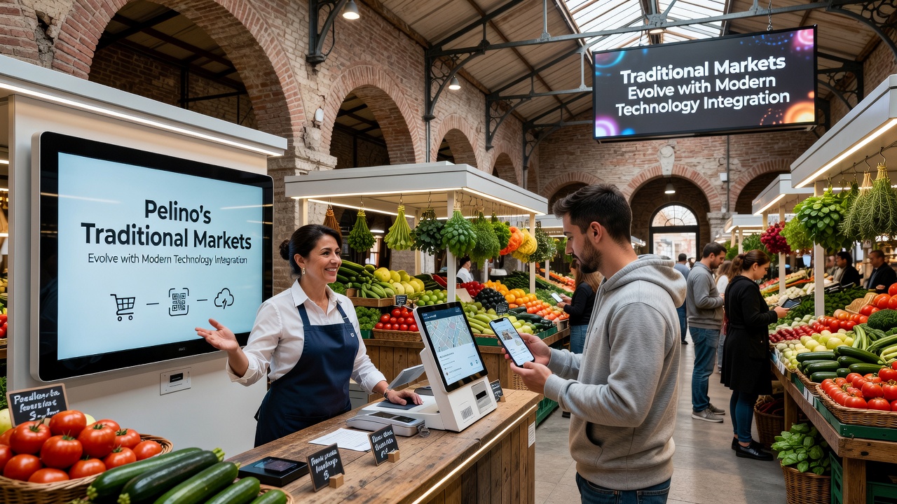 Customers interacting with interactive kiosks and mobile apps at a bustling Pelino traditional market